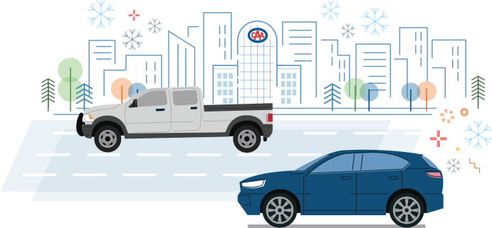 illustration of car and truck in traffic with city background